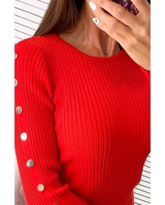 Lovely Leisure O Neck Buttons Red Sweater