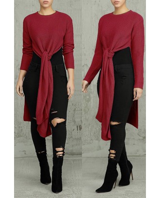 Lovely Casual Knot Design Purplish Red Sweater