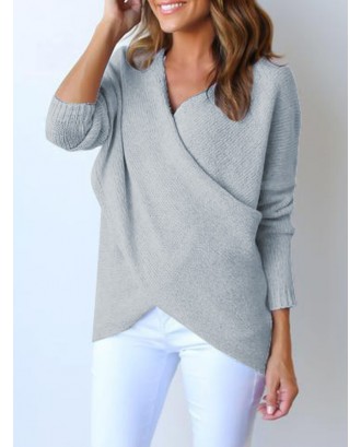 Lovely Euramerican V Neck Long Sleeves Asymmetrical Grey Cotton Sweaters