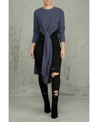 Lovely Casual Knot Design Deep Blue Sweater