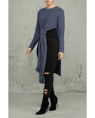 Lovely Casual Knot Design Deep Blue Sweater