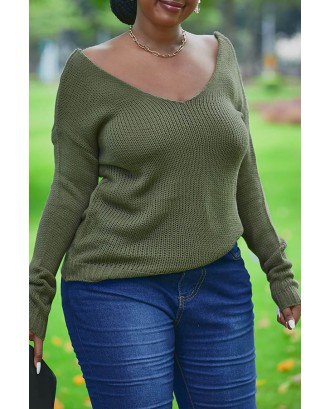 Lovely Leisure V Neck Army Green Sweater
