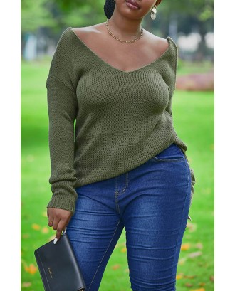 Lovely Leisure V Neck Army Green Sweater