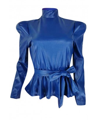 Lovely Trendy Mandarin Collar Lace-up Blue Blouse