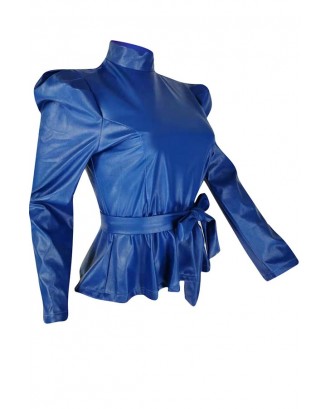 Lovely Trendy Mandarin Collar Lace-up Blue Blouse