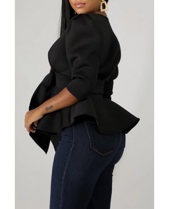 Lovely Trendy Flounce Design Bow-Tie Black Blouse