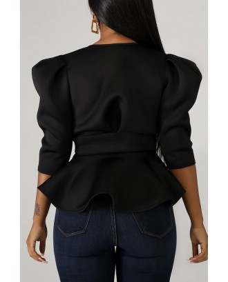 Lovely Trendy Flounce Design Bow-Tie Black Blouse