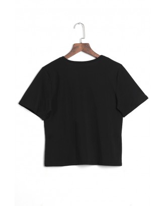 LovelyCasual Round Neck Letter Printed Black Polyester T-shirt