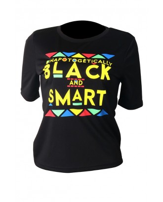 Lovely Casual Round Neck Letter Printed Black Polyester T-shirt