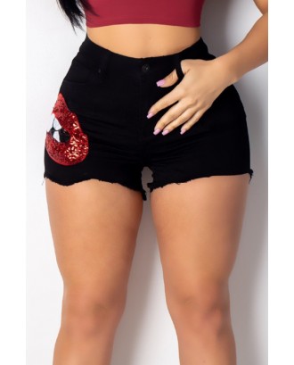 Lovely Casual Sequined Decorative Black Denim Shorts