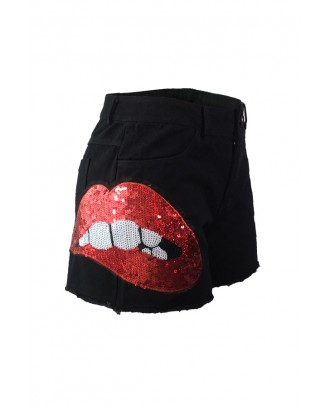 Lovely Casual Sequined Decorative Black Denim Shorts