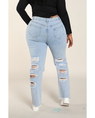 Lovely Casual Broken Holes Baby Blue Plus Size Jeans