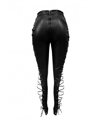 LovelyFashion High Elastic Waist Lace-up Hollow-out Black Leather Pants