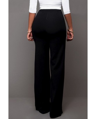 LovelyTrendy High Waist Double-breasted Decorative Black Polyester Pants