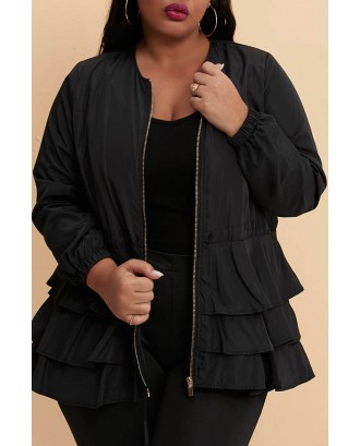 Lovely Casual Flounce Design Black Plus Size Trench Coat