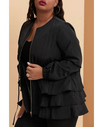 Lovely Casual Flounce Design Black Plus Size Trench Coat
