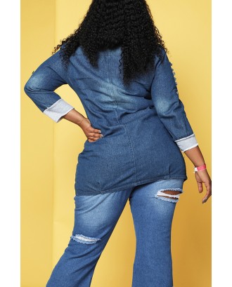 Lovely Casual Turndown Collar Blue Plus Size Coat