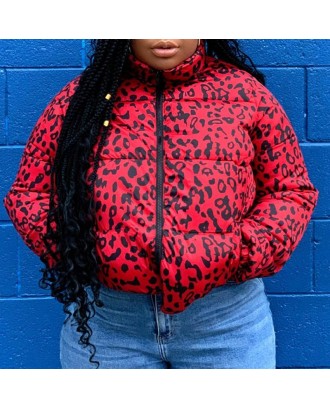 Lovely Casual Leopard Printed Wine Red Plus Size Coat