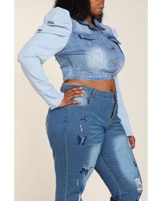 Lovely Leisure Patchwork Baby Blue Plus Size Coat