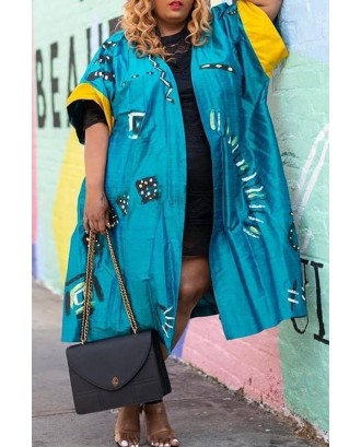 Lovely Casual Printed Blue Plus Size Coat