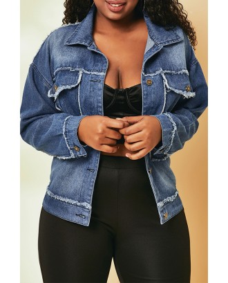 Lovely Casual Buttons Design Blue Plus Size Jacket