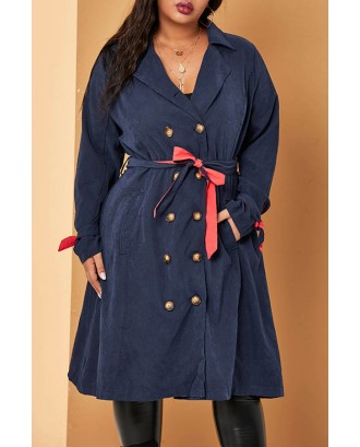 Lovely Casual Buttons Design Deep Blue Plus Size Trench Coat