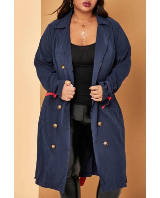 Lovely Casual Buttons Design Deep Blue Plus Size Trench Coat