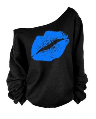 Lovely Leisure Dew Shoulder Lip Printing Blue Blending Sweatshirt Hoodie