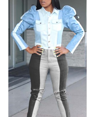 Lovely Casual Patchwork Baby Blue Denim Coat