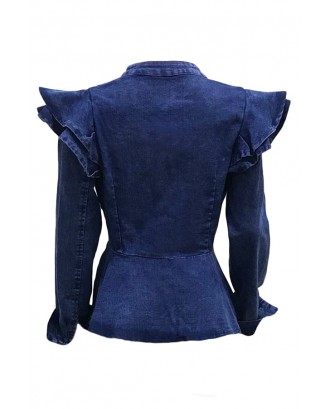 Lovely Stylish Mandarin Collar Ruffle Zipper Design Blue Coat