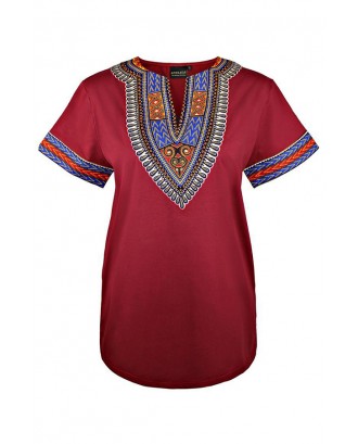Lovely Casual Patchwork Wine Red T-shirt