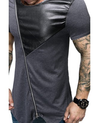 Lovely Casual Patchwork Zipper Design Grey T-shirt