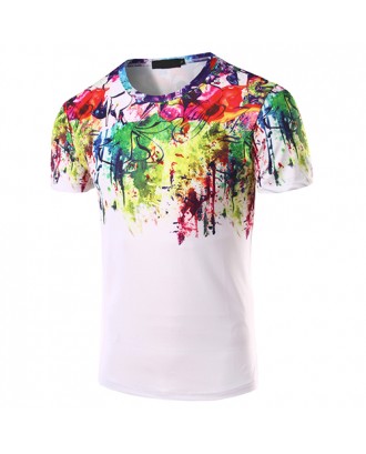 Casual Round Neck Short Sleeves Printed Cotton Blends T-shirt
