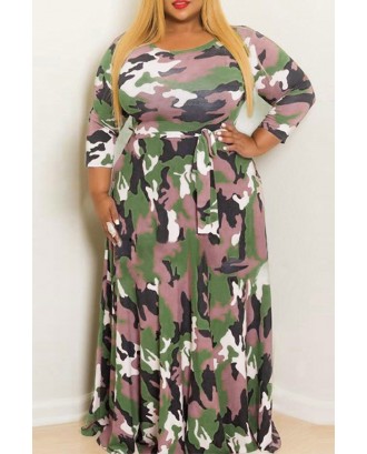 Lovely Casual O Neck Camouflage Printed Army Green Floor Length Plus Size Dress