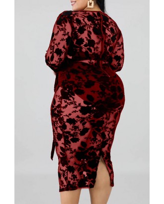 Lovely Beautiful V Neck Hollow-out Wine Red Mid Calf Plus Size Dress