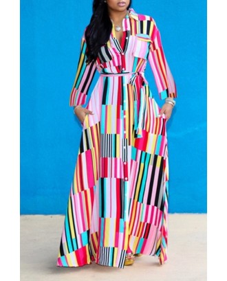 Lovely Bohemian Turndown Collar Striped Multicolor Floor Length A Line Plus Size Dress