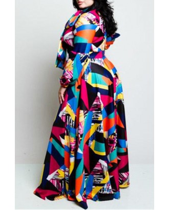 Lovely Leisure Geometric Printed  Multicolor Floor Length Plus Size Dress