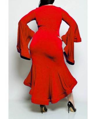Lovely Casual Flounce Red Trumpet Mermaid Ankle Length Plus Size Dress
