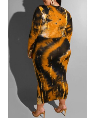 Lovely Casual Printed Yellow Mid Calf Plus Size Dress