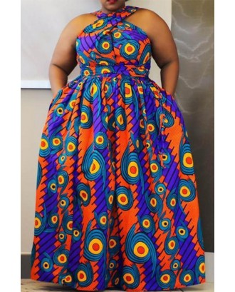 Lovely Casual Printed Blue Floor Length Plus Size Dress