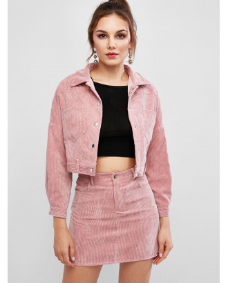 Corduroy Drop Shoulder Pocket Skirt Set - Pink M