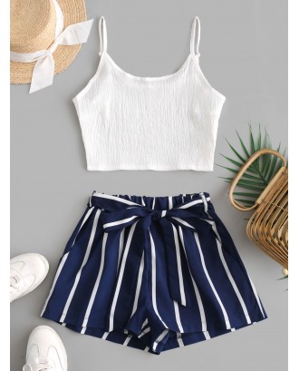 Crop Cami Top And Striped Belted Shorts Set - Deep Blue S