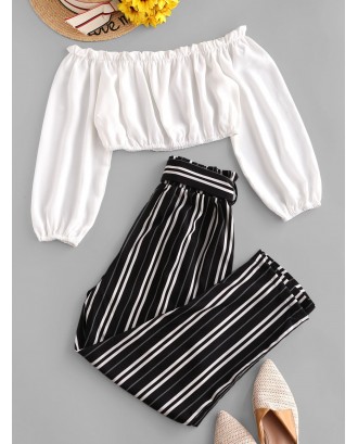  Contrast Off Shoulder Stripes Paperbag Pants Set - White S