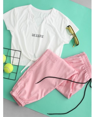 Letter Crop Tee And Jogger Pants Set - Pink M