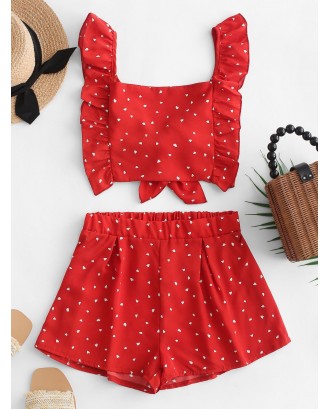 Knotted Back Heart Print Wide Leg Shorts Set - Red S