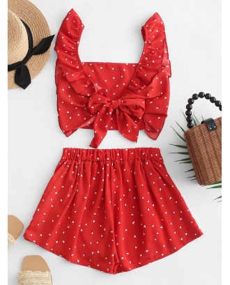 Knotted Back Heart Print Wide Leg Shorts Set - Red S