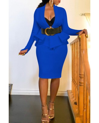 Lovely Work V Neck Flounce Design Blue Two-piece Skirt Set