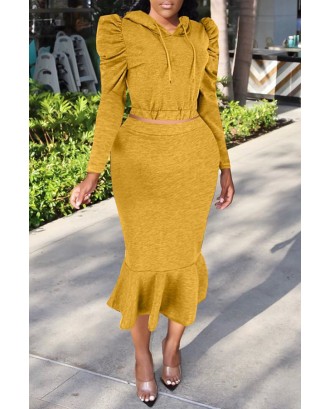 Lovely Casual Hooded Collar Flounce Yellow Two-piece Skirt Set
