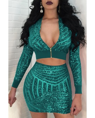 Lovely Beautiful Sequined Green Two-piece Skirt Set