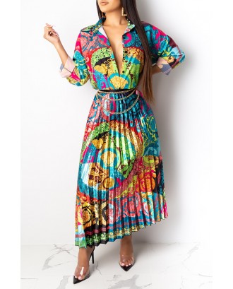 Lovely Casual Turndown Collar Printed Multicolor Two-piece Skirt Set